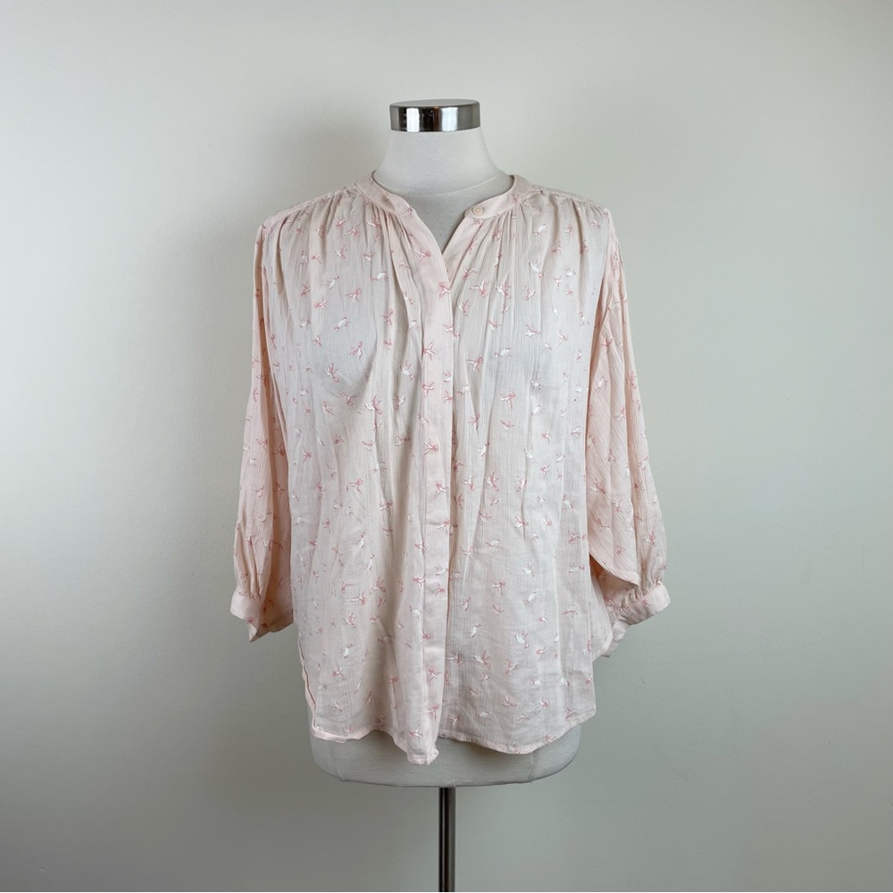 Kaari Blue Light Pink White Birds Long Sleeve Blouse Top Women Large
